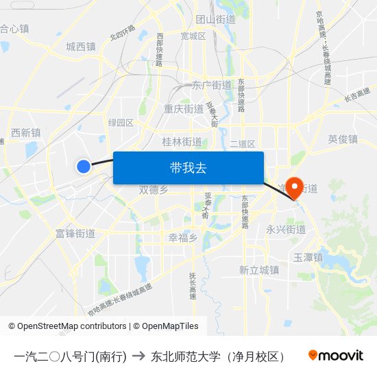 一汽二〇八号门(南行) to 东北师范大学（净月校区） map