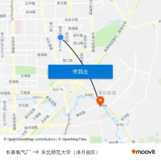 长春氧气厂 to 东北师范大学（净月校区） map