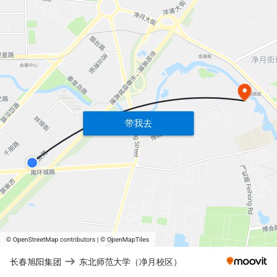 长春旭阳集团 to 东北师范大学（净月校区） map