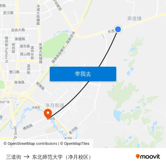 三道街 to 东北师范大学（净月校区） map