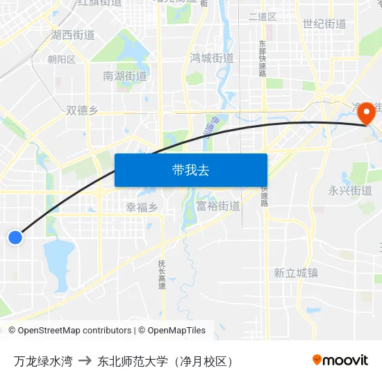 万龙绿水湾 to 东北师范大学（净月校区） map