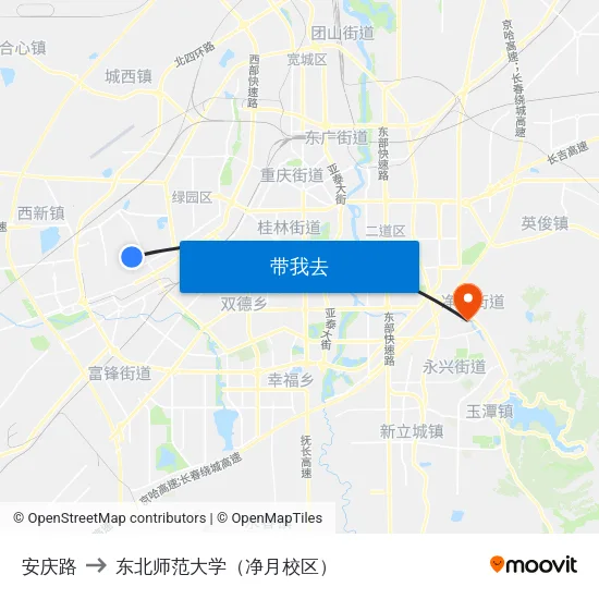 安庆路 to 东北师范大学（净月校区） map