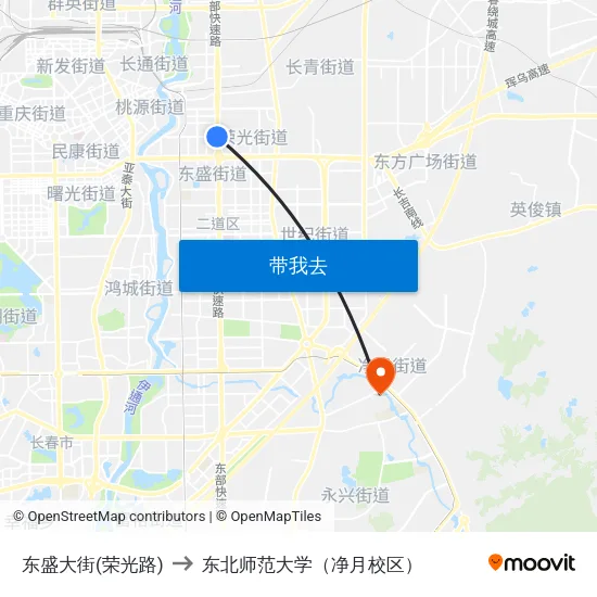 东盛大街(荣光路) to 东北师范大学（净月校区） map