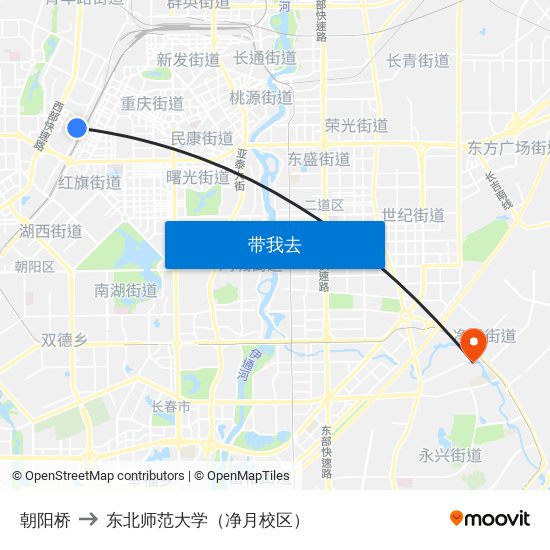 朝阳桥 to 东北师范大学（净月校区） map