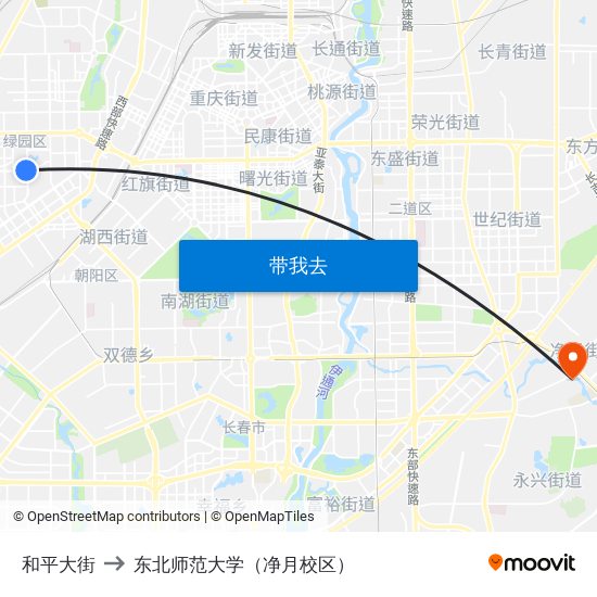 和平大街 to 东北师范大学（净月校区） map