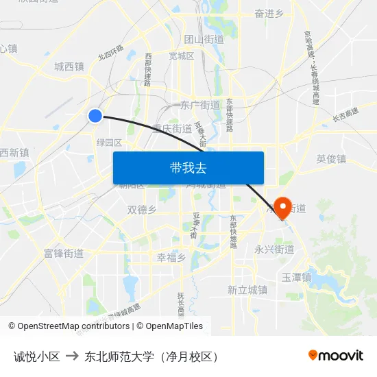 诚悦小区 to 东北师范大学（净月校区） map