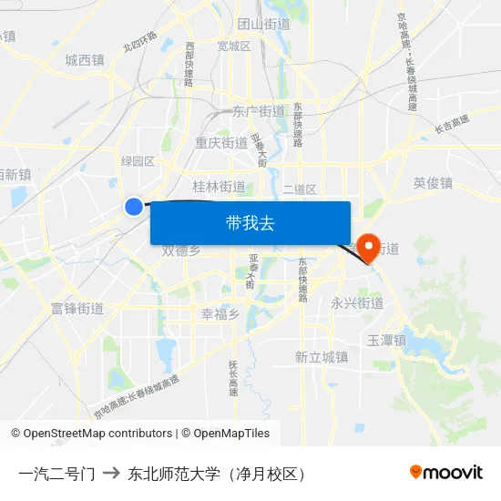 一汽二号门 to 东北师范大学（净月校区） map