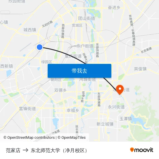 范家店 to 东北师范大学（净月校区） map