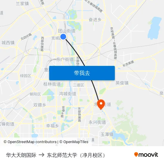 华大天朗国际 to 东北师范大学（净月校区） map