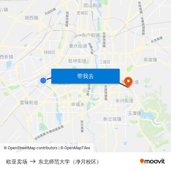 欧亚卖场 to 东北师范大学（净月校区） map