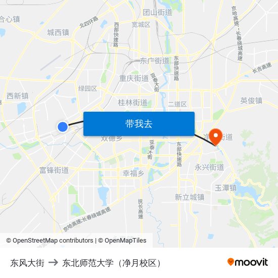 东风大街 to 东北师范大学（净月校区） map