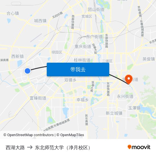 西湖大路 to 东北师范大学（净月校区） map