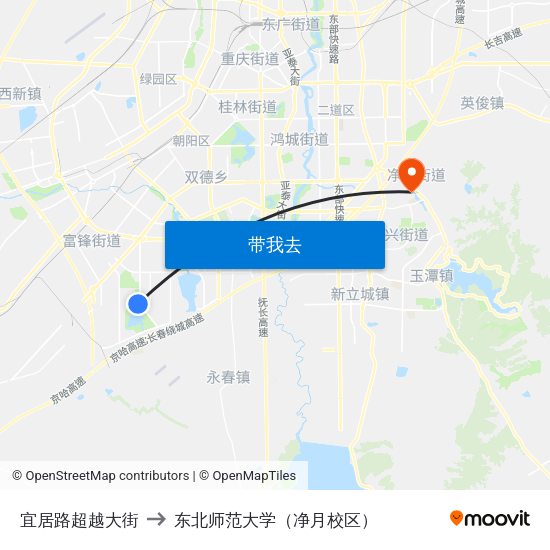 宜居路超越大街 to 东北师范大学（净月校区） map