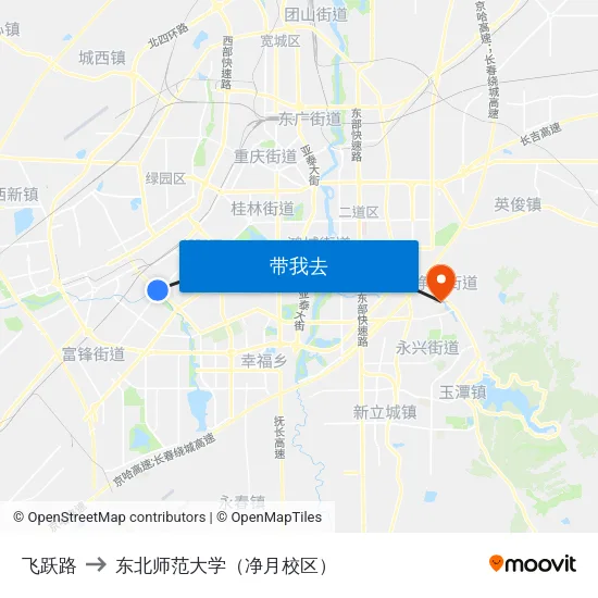 飞跃路 to 东北师范大学（净月校区） map
