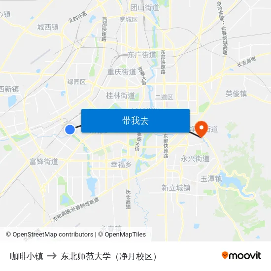 咖啡小镇 to 东北师范大学（净月校区） map