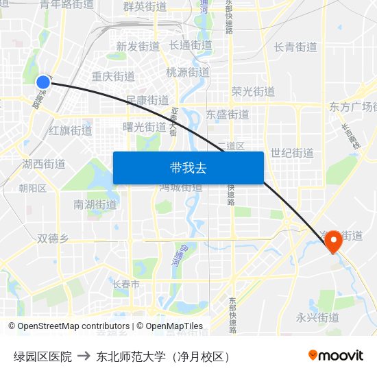 绿园区医院 to 东北师范大学（净月校区） map