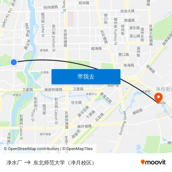净水厂 to 东北师范大学（净月校区） map