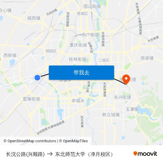 长沈公路(兴顺路) to 东北师范大学（净月校区） map