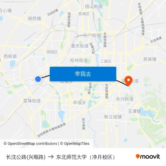 长沈公路(兴顺路) to 东北师范大学（净月校区） map