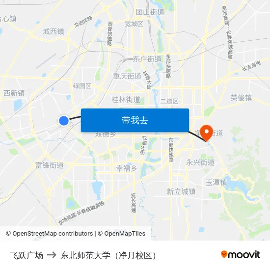 飞跃广场 to 东北师范大学（净月校区） map