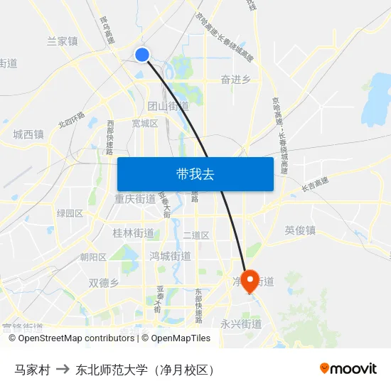 马家村 to 东北师范大学（净月校区） map