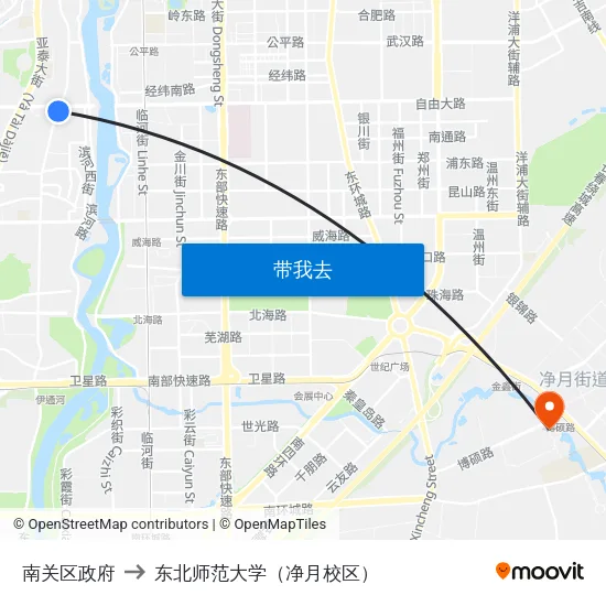 南关区政府 to 东北师范大学（净月校区） map