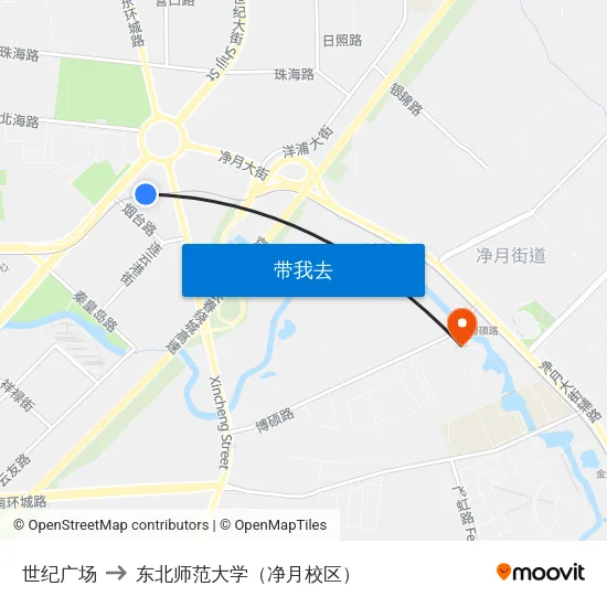 世纪广场 to 东北师范大学（净月校区） map