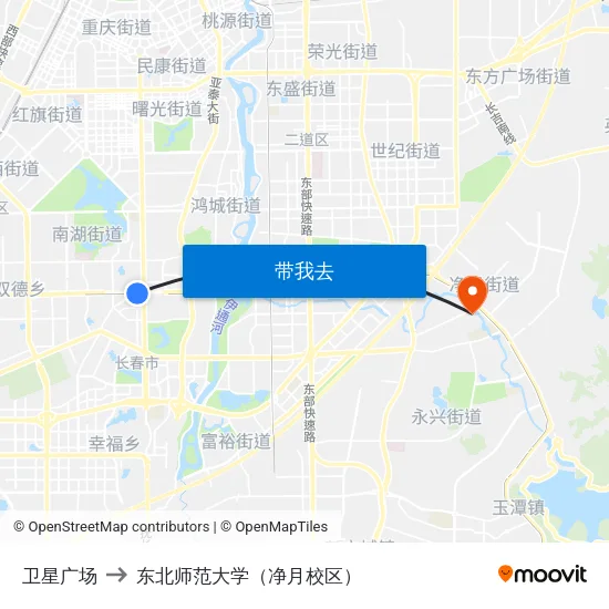 卫星广场 to 东北师范大学（净月校区） map