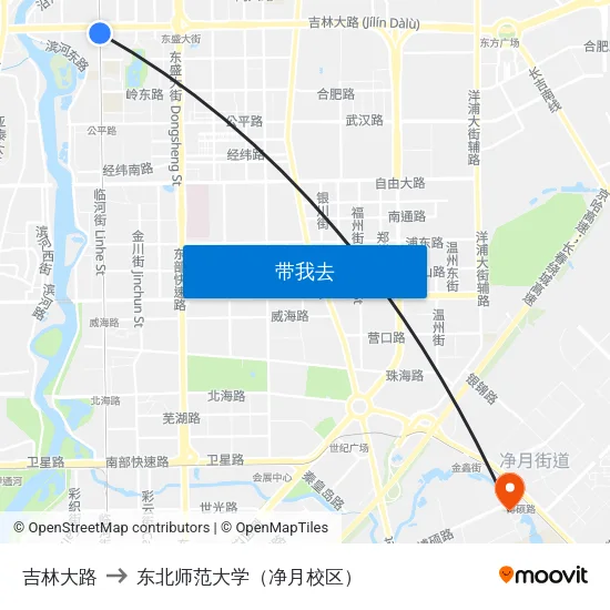 吉林大路 to 东北师范大学（净月校区） map