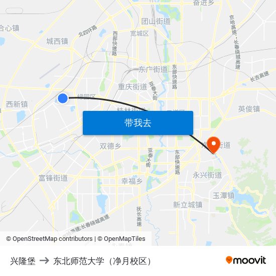 兴隆堡 to 东北师范大学（净月校区） map