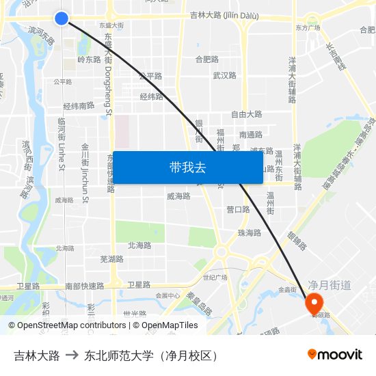 吉林大路 to 东北师范大学（净月校区） map
