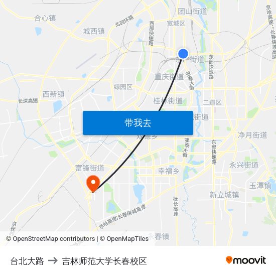 台北大路 to 吉林师范大学长春校区 map