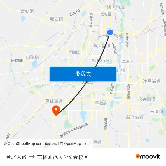 台北大路 to 吉林师范大学长春校区 map