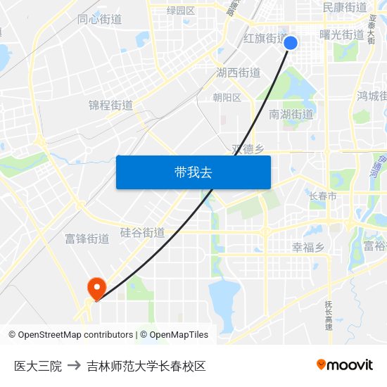 医大三院 to 吉林师范大学长春校区 map