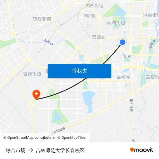 综合市场 to 吉林师范大学长春校区 map