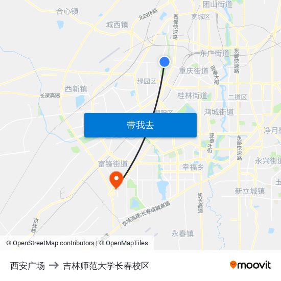西安广场 to 吉林师范大学长春校区 map