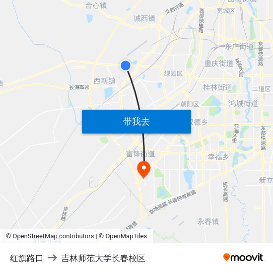 红旗路口 to 吉林师范大学长春校区 map