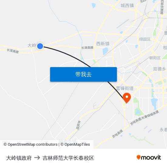 大岭镇政府 to 吉林师范大学长春校区 map