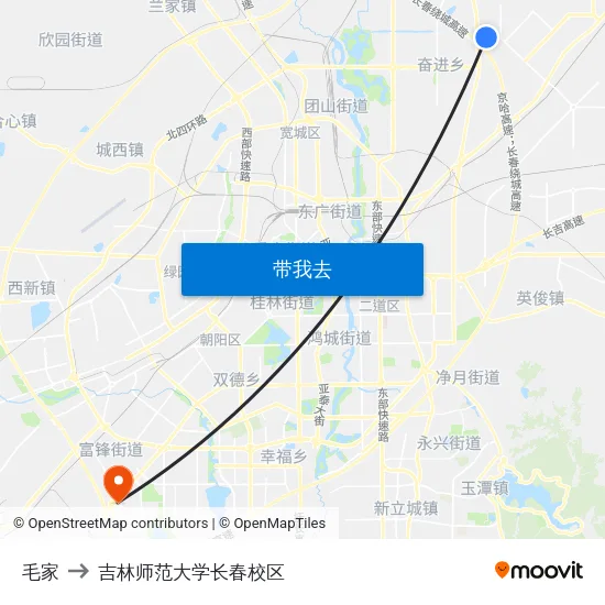 毛家 to 吉林师范大学长春校区 map