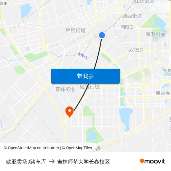 欧亚卖场9路车库 to 吉林师范大学长春校区 map