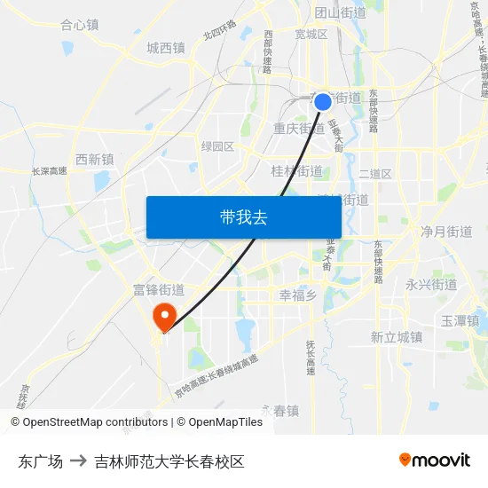 东广场 to 吉林师范大学长春校区 map