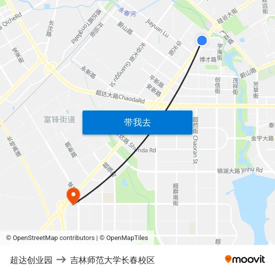 超达创业园 to 吉林师范大学长春校区 map