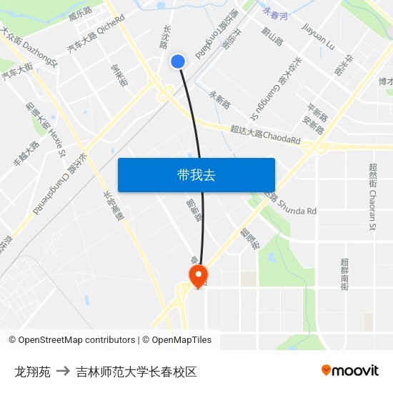 龙翔苑 to 吉林师范大学长春校区 map