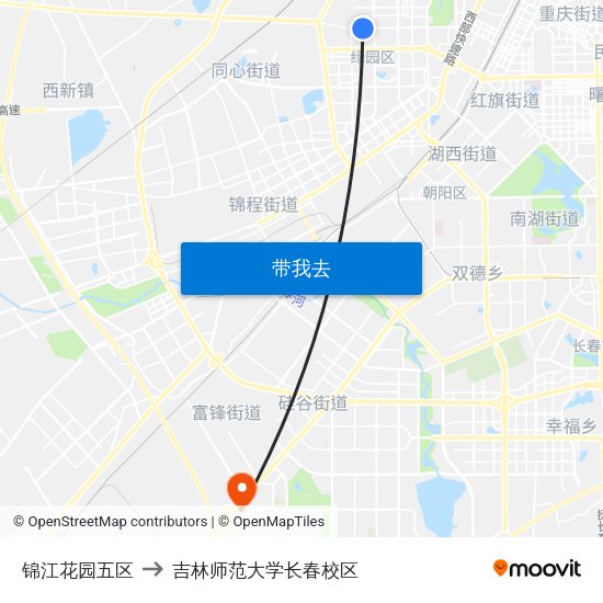 锦江花园五区 to 吉林师范大学长春校区 map