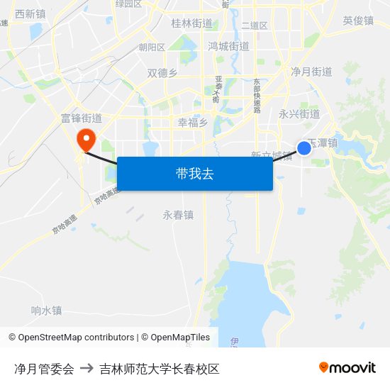 净月管委会 to 吉林师范大学长春校区 map