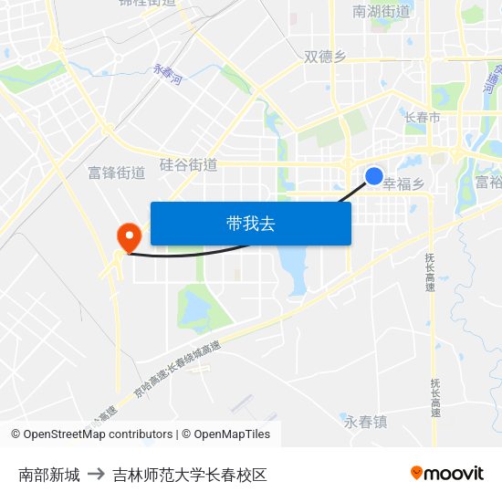 南部新城 to 吉林师范大学长春校区 map