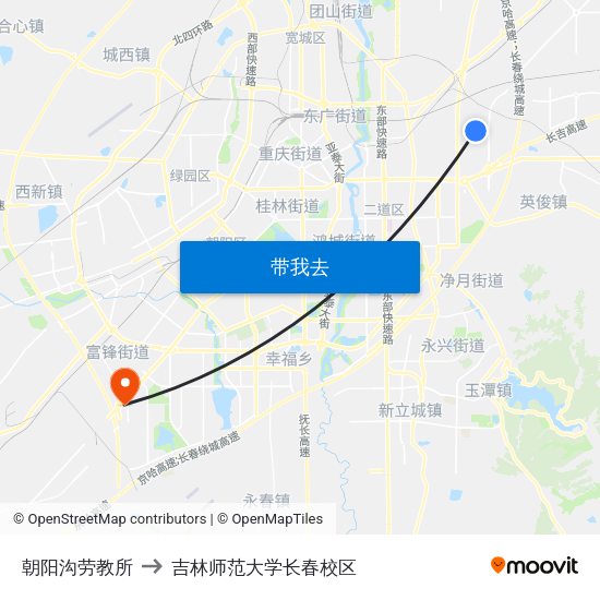 朝阳沟劳教所 to 吉林师范大学长春校区 map