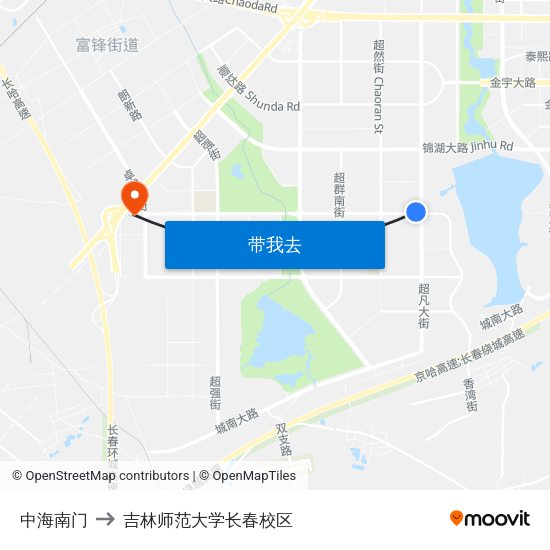 中海南门 to 吉林师范大学长春校区 map