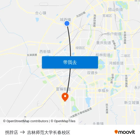 拐脖店 to 吉林师范大学长春校区 map