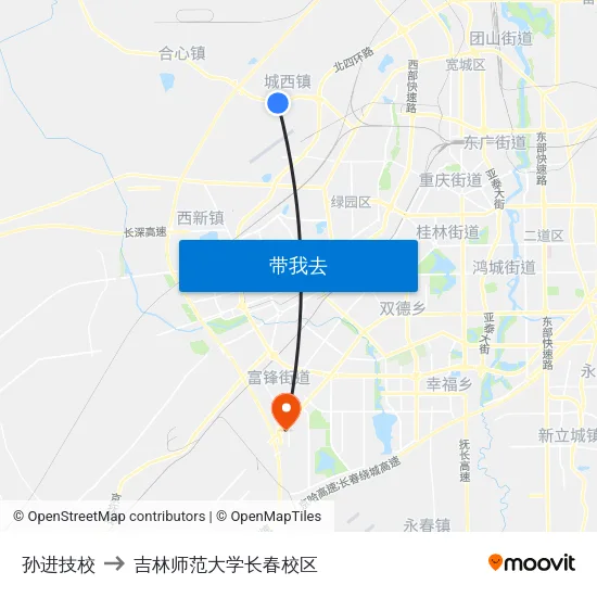 孙进技校 to 吉林师范大学长春校区 map